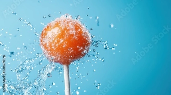 Fototapeta A vivid, energetic splash captured mid-action as a bright orange lollipop is submerged in clear water, symbolizing joy and fun while showcasing vivid colors and fluid dynamics.