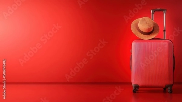 Fototapeta A vibrant red suitcase accompanied by a straw hat, set against a bold red backdrop, evokes feelings of travel and adventure, perfect for vacation or travel-themed promotions.