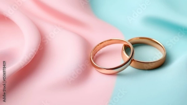 Fototapeta Two beautifully crafted wedding rings resting on silky pink and blue fabric, symbolizing love and commitment in a romantic and elegant way, perfect for wedding preparations.