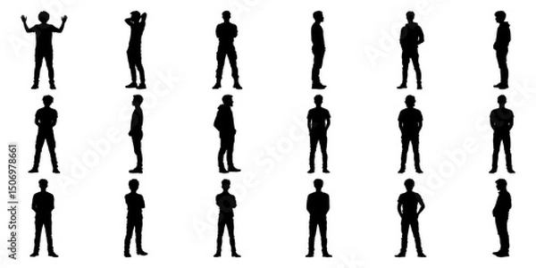 Fototapeta Silhouetted Male Figures In Various Poses Icon Set. Body Language And Posture Reference Solid Symbol Collection. Design, Animation, And Educational Use. Isolated Vector Illustration