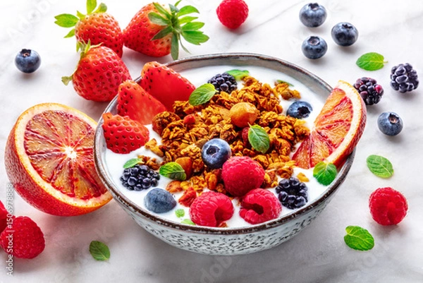 Fototapeta Granola with yogurt and fresh fruit. Organic gourmet muesli on a marble table with ingredients. Strawberry, orange, and mint