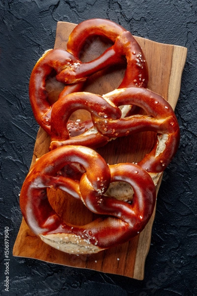 Fototapeta Pretzel or Bretzel, traditional German beer snack, a salty wheat bread, shot from the top on a wooden board