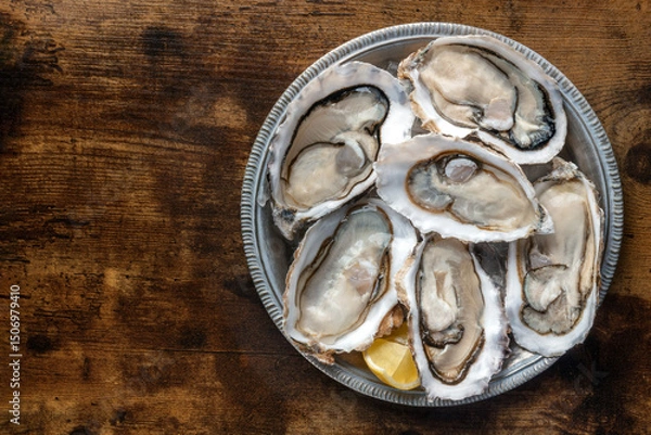 Fototapeta Fresh raw oysters on ice, overhead flat lay shot on a rustic wooden table, with lemon, with a place for text
