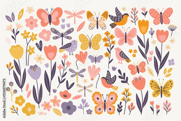 Obraz Floral set -  butterflies, dragonflies, birds, meadow flowers, tulips, leaves on white background. Perfect for spring and summer greeting cards, decorations. Vector hand drawn illustration