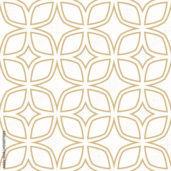Obraz Gold and white linear ornament. Vector abstract geometric seamless pattern with outline grid, diamonds, lattice, net. Simple golden background texture. Repeated geo design for decor, textile, package