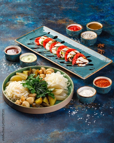 Fototapeta Plate with fermented vegetables - tomatoes, mushrooms and sauerkraut, plate with Caprese salad, and set of different sauces on blue background