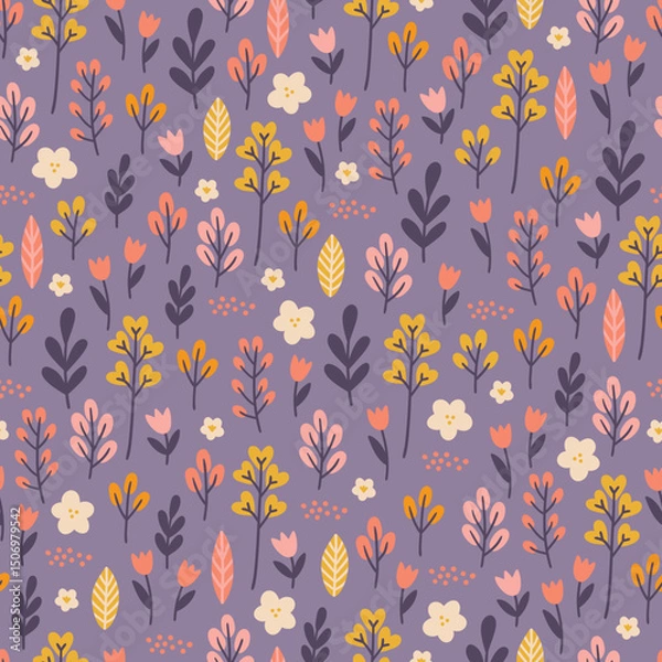 Fototapeta Floral seamless pattern with flowers, branches, tulips, leaves on violet background. Perfect for wallpaper, gift paper, spring and summer greeting cards. Vector hand drawn illustration