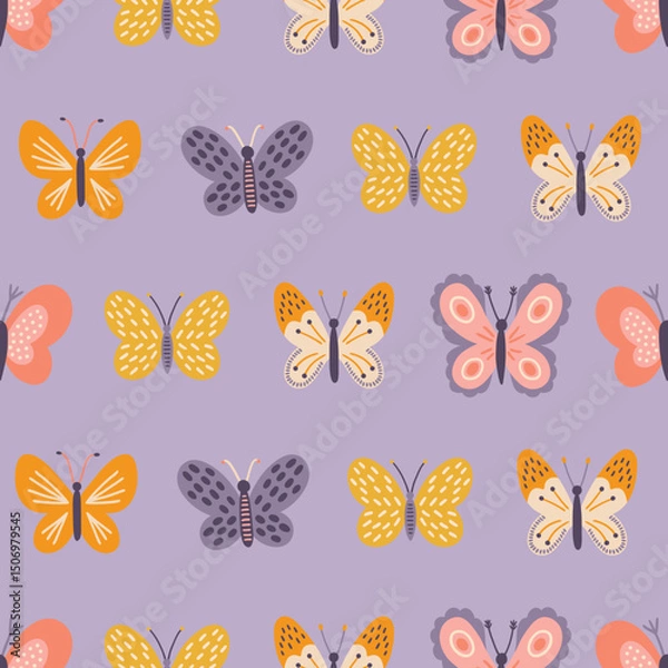 Obraz Floral seamless pattern with colorful butterflies on lilac background. Perfect for wallpaper, gift paper, spring and summer greeting cards. Vector hand drawn illustration