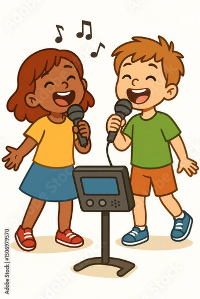 Fototapeta Happy children kids singing karaoke microphone performance entertainment music. Joyful boy girl cartoon vector illustration talent show musical notes fun activity cheerful expression