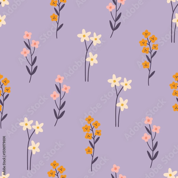 Obraz Floral seamless pattern with tender flowers on lilac background. Perfect for wallpaper, gift paper, spring and summer greeting cards. Vector hand drawn illustration