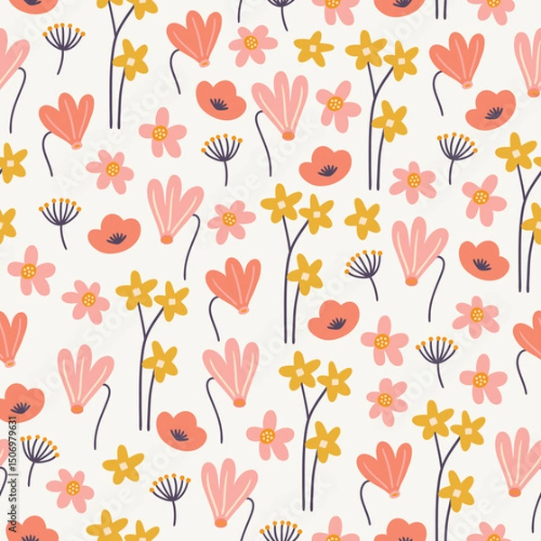 Obraz Floral seamless pattern with cyclamens and meadow flowers on white background. Perfect for wallpaper, gift paper, spring and summer greeting cards. Vector hand drawn illustration