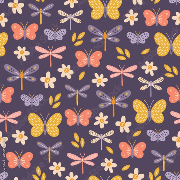Obraz Floral seamless pattern with butterflies, dragonflies, flowers on violet background. Perfect for wallpaper, gift paper, spring and summer greeting cards. Vector hand drawn illustration