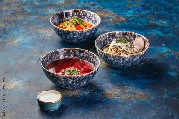Fototapeta Different soups and sauses from different countries cousine with vegetables or meat