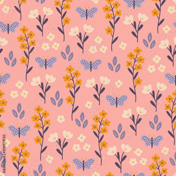 Obraz Floral seamless pattern with butterflies, leaves and flowers on pink background. Perfect for wallpaper, gift paper, spring and summer greeting cards. Vector hand drawn illustration