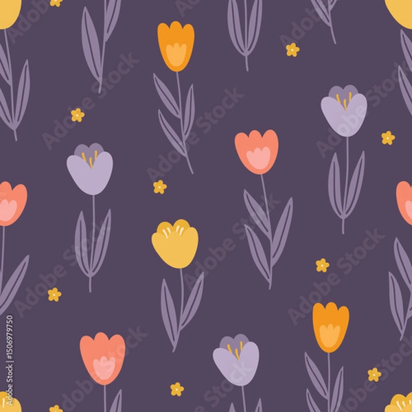 Obraz Floral seamless pattern with tulips on violet background. Perfect for wallpaper, gift paper, spring and summer greeting cards. Vector hand drawn illustration