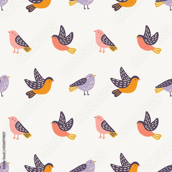 Obraz Floral seamless pattern with colorful birds on white background. Perfect for wallpaper, gift paper, spring and summer greeting cards. Vector hand drawn illustration