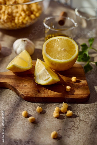Fototapeta Chickpeas, lemon, tahini and herbs, ingredients for making hummus, close up.