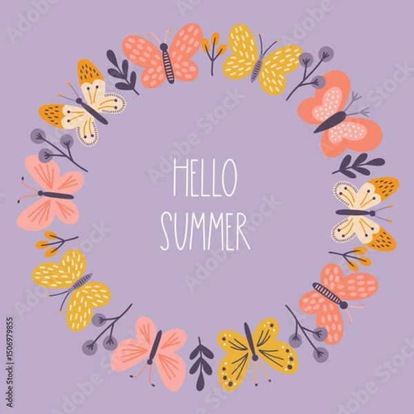 Obraz Floral greeting card with butterflies, leaves and branches on lilac background. Perfect for spring and summer holidays and decorations. Hand drawn frame, wreath