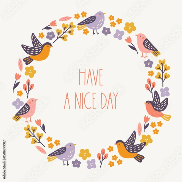 Obraz Floral greeting card with birds, flowers, tulips and leaves on white background. Perfect for spring and summer holidays and decorations. Hand drawn frame, wreath