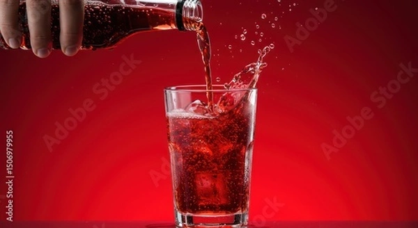 Fototapeta Soda Pouring Into Glass with Ice on Red Background