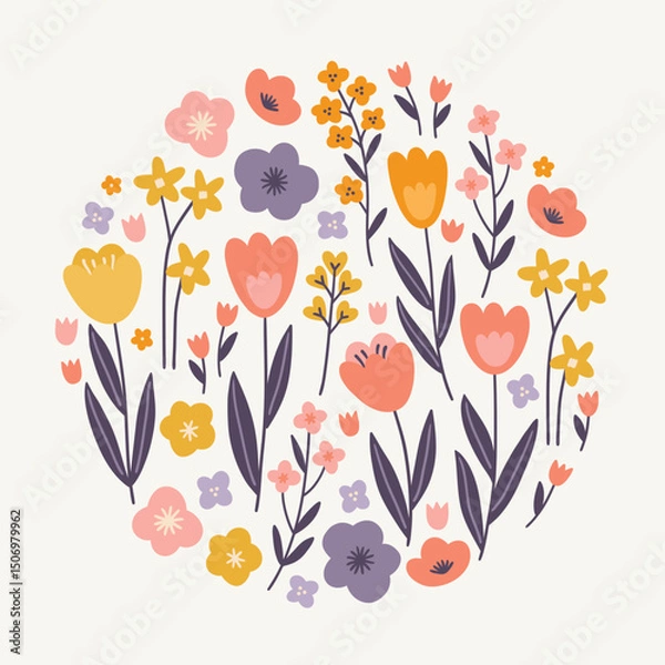Obraz Floral greeting card with tulips, flowers, leaves on white background. Circle ornament. Perfect for seasonal holidays, summer and spring decorations. Vector illustration