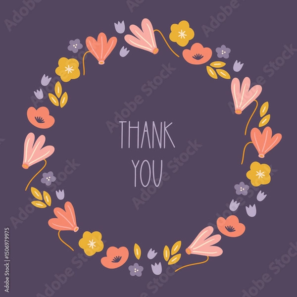Obraz Floral greeting card with flowers and leaves on dark background. Perfect for spring and summer holidays and decorations. Hand drawn frame, wreath