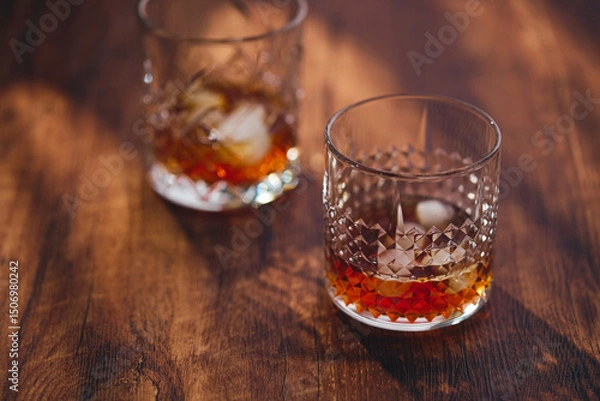 Fototapeta Glasses of whiskey with ice and lemon slices on a wooden table in the rays of light. Shallow depth of field