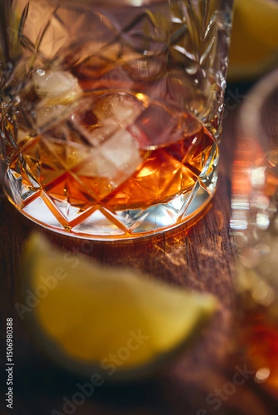 Fototapeta Glasses of whiskey with ice and lemon slices on a wooden table in the rays of light. Shallow depth of field, close up.