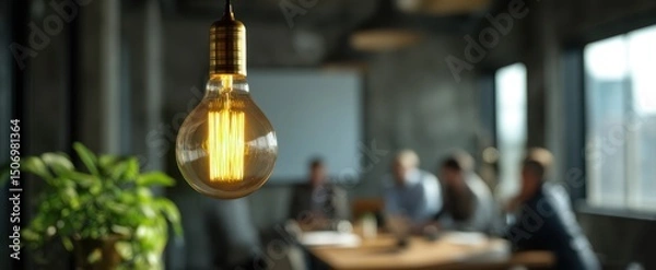 Fototapeta The light bulb illuminating a modern workspace during a productive meeting.