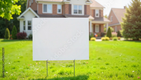 Fototapeta Blank sign on a lawn in front of a suburban house in summer  