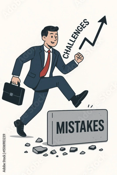 Fototapeta Businessman jumping over mistakes obstacles hurdles. Overcoming challenges breakthrough success growth progress. Professional achievement resilience determination motivation