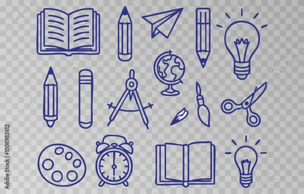 Fototapeta Hand-drawn school supplies icons png set on transparent background. Back to school doodle hand drawn elements, vector set. Vector illustration. 