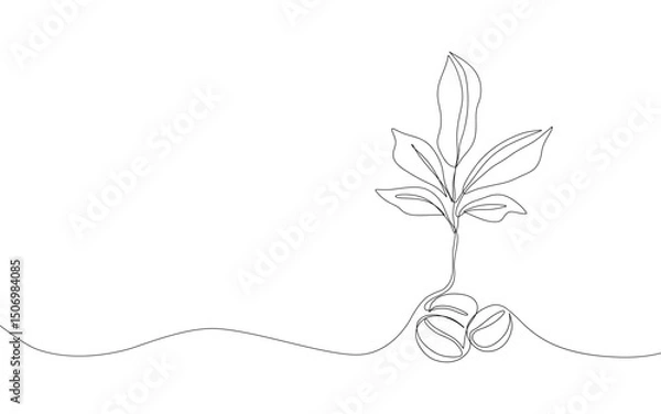 Fototapeta Continuous single line coffee bean. Abstract coffee seeds with leaves, simple coffee shop symbol, caffeine drink logo graphic design. Minimalist vector illustration