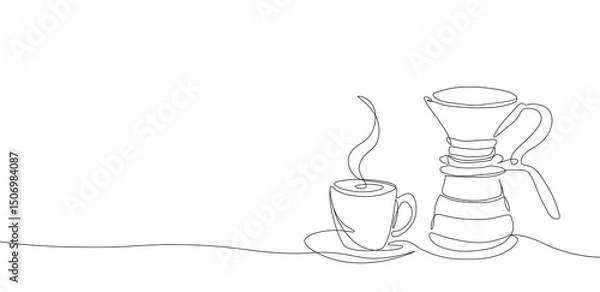 Fototapeta Continuous one line drawing of coffee cup and pour over brewer. Coffee dripper with mug art print, barista equipment poster design. Minimalist vector illustration