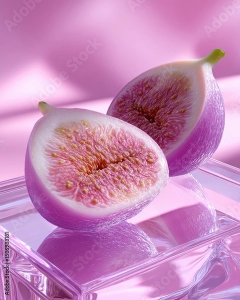 Fototapeta 3D render of a translucent fig sliced open on glossy glass surface, glowing pulp, soft shadows, studio light, hyperreal pop art still life