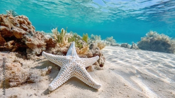 Fototapeta Endemic Madagascar starfish resting on sandy seabed with coral debris around, clear water and top down view