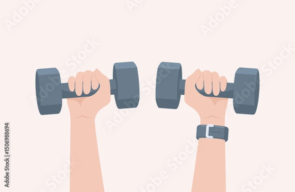Fototapeta Two hands holding up gray dumbbells on a beige background. Flat vector illustration