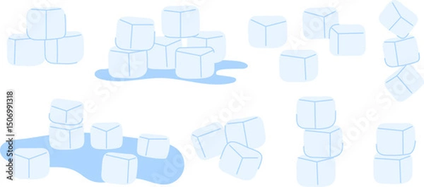 Fototapeta Cooling Ice Cube Vector Set. Various blue solid water crystals in stacks and melting