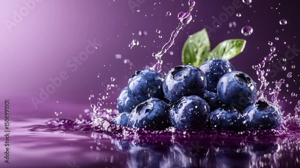 Fototapeta This stunning image captures fresh blueberries splashing into clear water, showcasing their vibrancy and freshness, ideal for promoting healthy eating and nature's beauty.