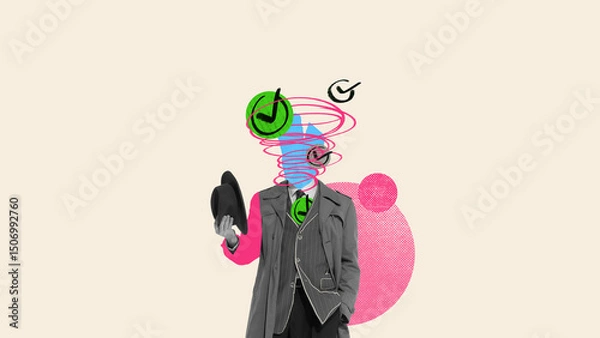 Fototapeta Burnout Warning. Head whirlpools into task windows showing stress and overload with check marks against beige backdrop. Concept of management, business, burnout, mental health, stress. Surreal artwork