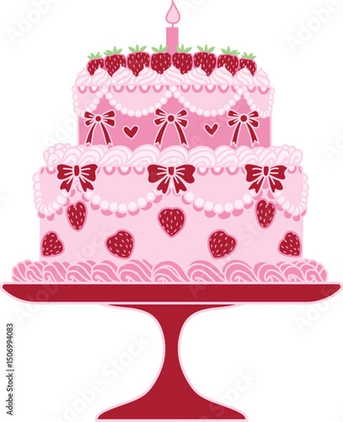 Obraz Line art drawing bow ribbons around pink two tier Birthday cake on stand with Strawberry topping, clipart coquette aesthetic for design element such as card, invitation or banner. Vector illustration.