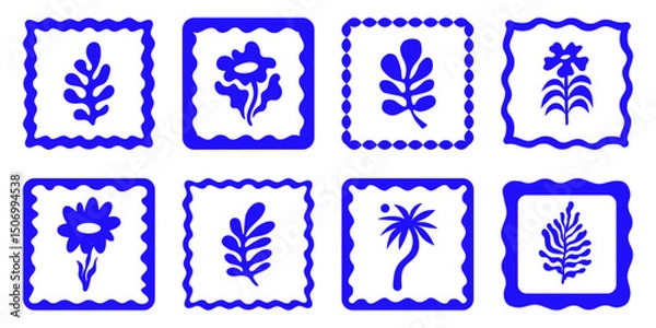 Fototapeta Vector hand drawn graphics, print design templates, summer and vacation theme, tropical illustrations, frames and borders in simple trendy naive cut out style with mosaic holiday floral illustrations