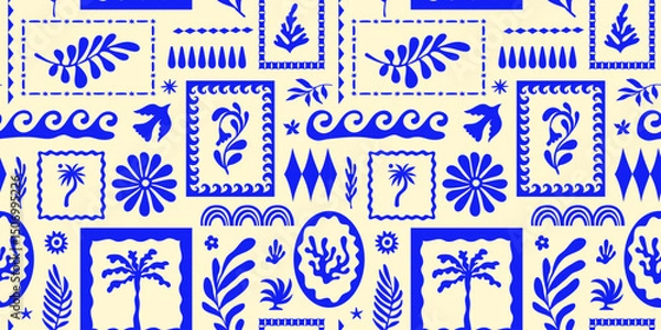 Fototapeta Vector hand drawn seamless pattern graphics with silhouette summer and vacation illustrations, tropical illustrations, frames and borders, fabric and textile design, beach and surf theme
