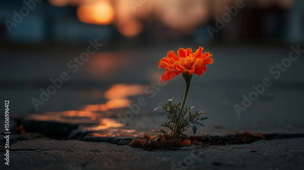 Fototapeta a single flower is growing out of a crack in the ground in the middle of a road at sunset