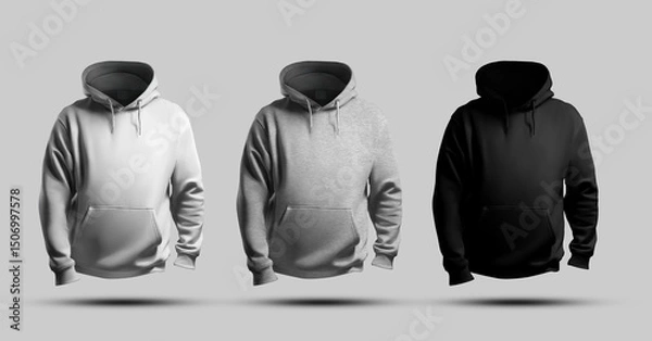 Fototapeta Mockup of white, black, heather hoodie 3D rendering, front view, sweatshirt with pocket, hood, for design, branding. Set