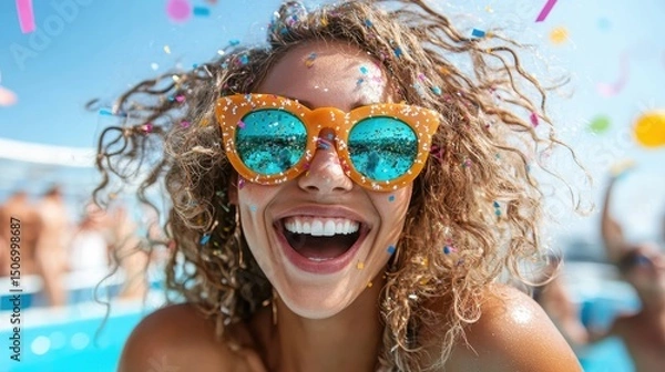Fototapeta A vibrant photograph of a cheerful woman celebrating at a summer party, flaunting colorful sunglasses and surrounded by confetti, epitomizing joy and exuberance.