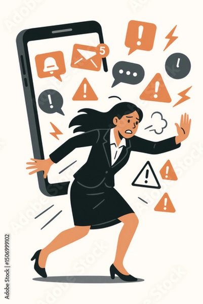 Fototapeta Overwhelmed businesswoman running from smartphone digital overload stress. Technology addiction notifications overwhelm concept. Mental health anxiety work-life balance information fatigue.