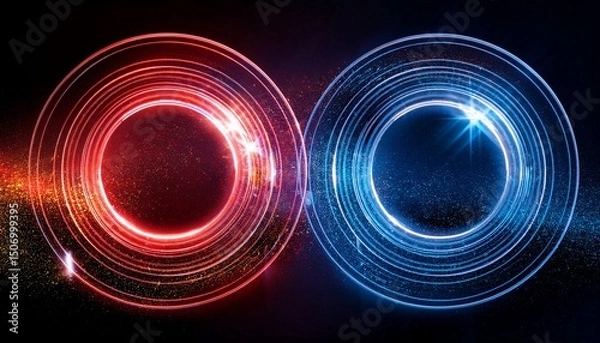 Fototapeta 赤と青の光る円の回転、黒い背景、砂金のアクセント、スタイリッシュな背景画像 Generated by AI