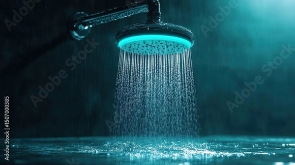 Fototapeta A modern showerhead featuring a captivating water spray effect, set against a dark backdrop that accentuates its sleek design and elegant functionality for bath lovers.