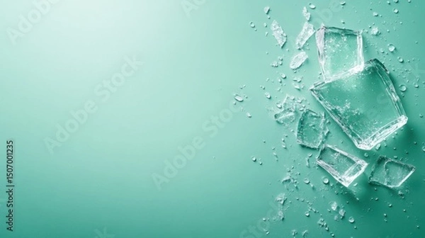 Fototapeta Shattered ice cubes scattered with glistening water droplets on a smooth surface, embodying coolness and refreshing vibes, ideal for summer or party-related themes.